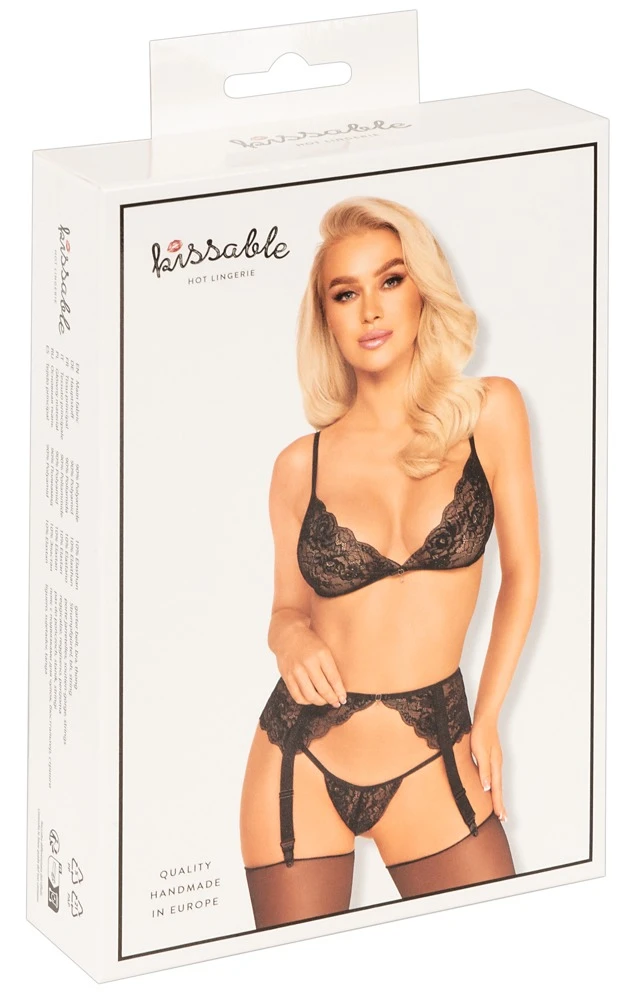 Kissable Soft-BH Strapsgurt und String Set aus schwarzer Spitze mit goldfarbenen Details sowie Schleifchen und funkelndem Glitzerstein