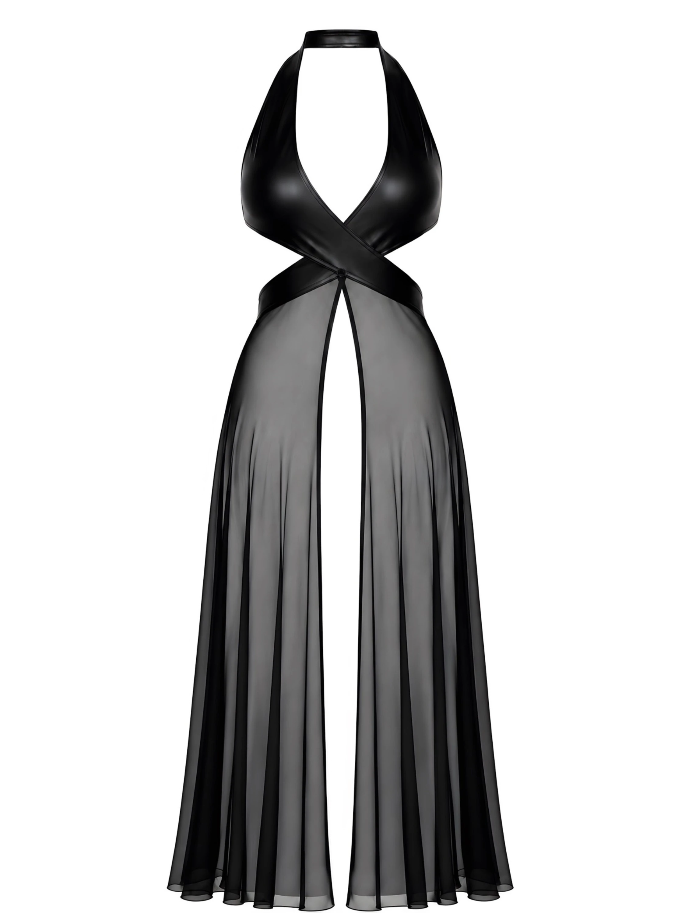 Kinky Maxikleid aus Tüll und Powerwetlook - Noir Handmade F412 Do not Disturb - sexy in Schwarz mit Neckholder und Taillen-Cut-out