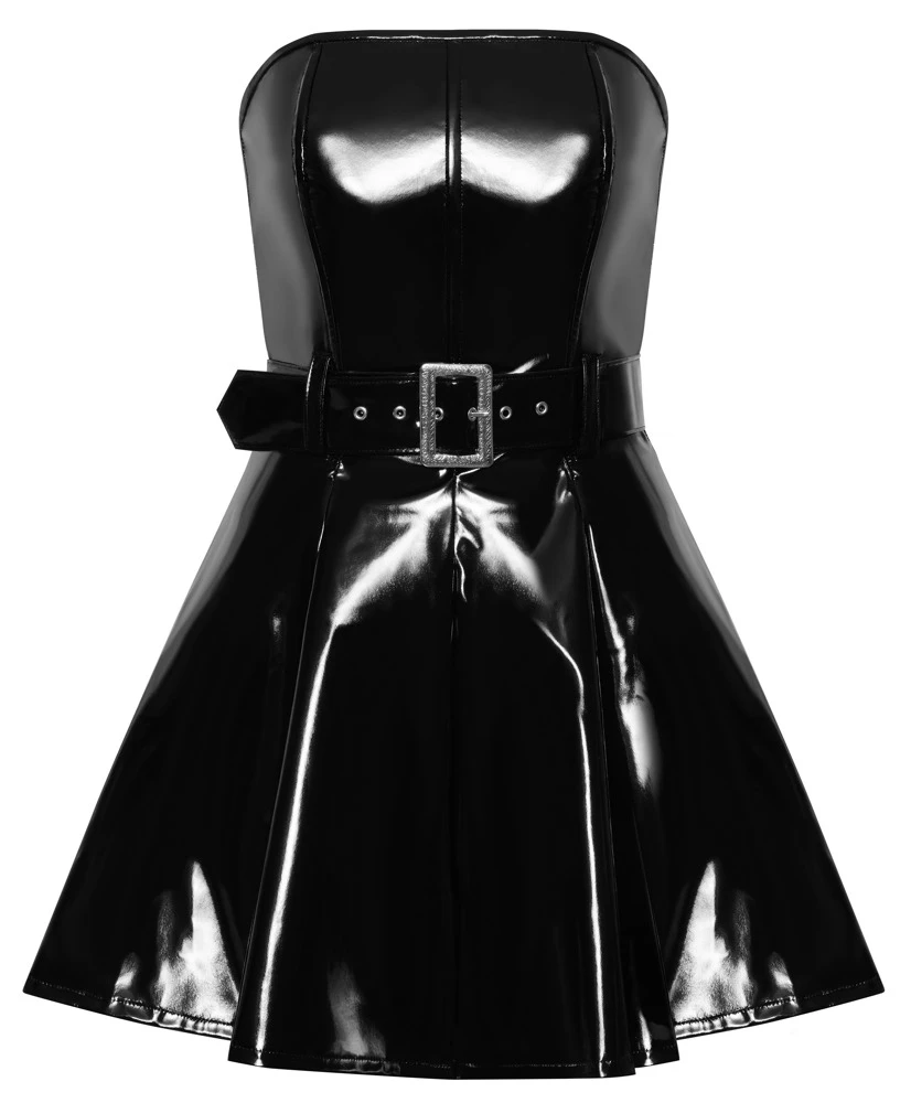 Kinky Lack Kleid ausgestellt, Verführerisches, trägerloses Lackkleid von Black Level in tiefschwarz, figurbetont mit Gürtel und 2-Wege-Reißverschluss Kinky Lack Kleid ausgestellt, Verführerisches, trägerloses Lackkleid von Black Level in tiefschwarz, figurbetont mit Gürtel und 2-Wege-Reißverschluss