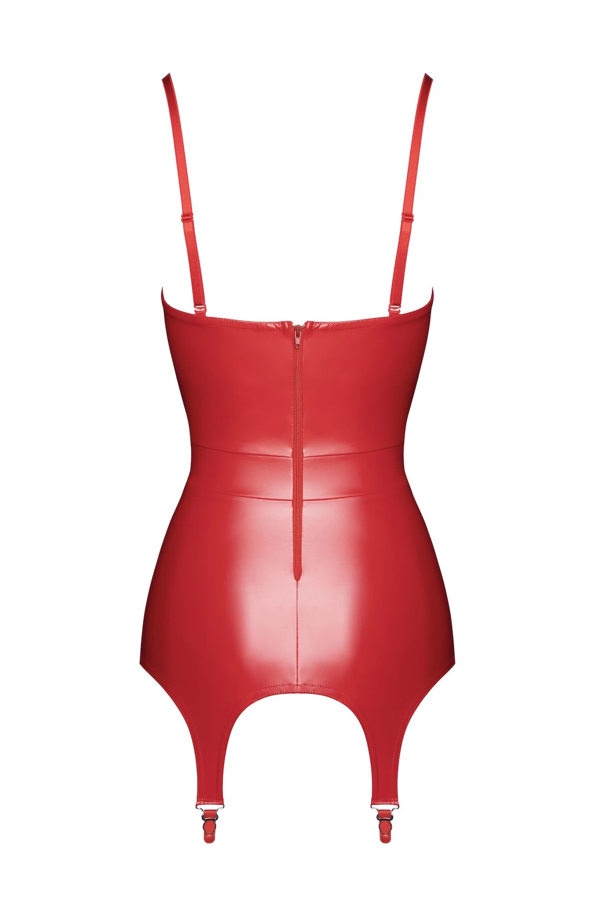 F368 Bombshell Fierce Kinky Corsagen-Kleid Rot – hautenges Powerwetlook-Design mit figurformender Korsett-Silhouette, edlen Metall-Strapsclips und sexy Reißverschluss hinten für einen atemberaubenden Look voller Feuer und Leidenschaft