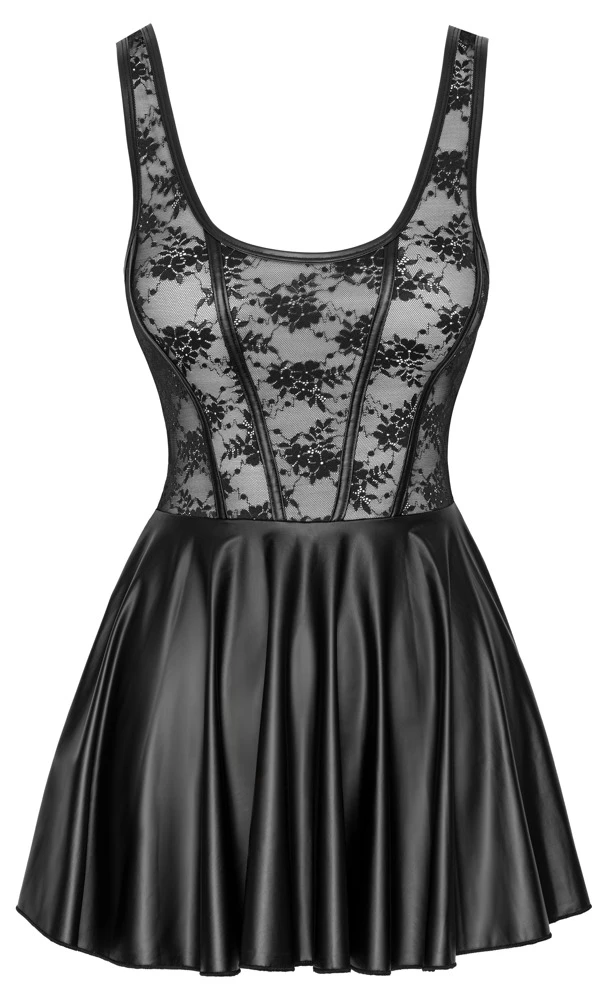 Schwarzes Träger Kinky-Minikleid von Cottelli COSTUMES aus Spitze mit Mattlook-Details und ausgestelltem Rock im edlen Material-Mix