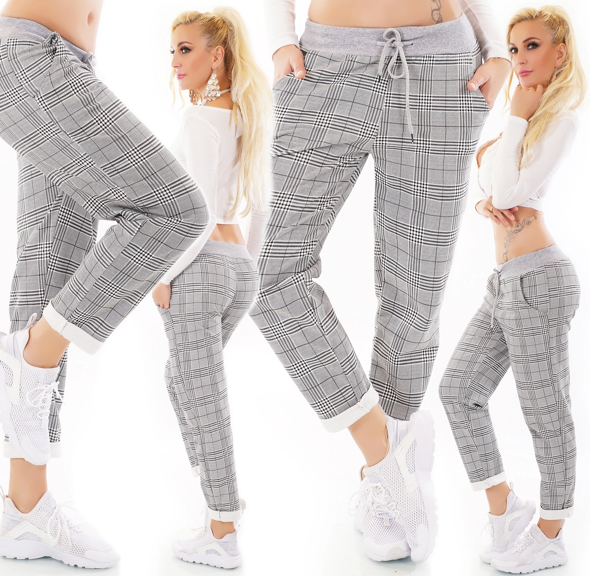 Statement-Hose mit Karo-Muster aus softem Baumwoll-Stretch und elastischem Rippbund – stilvoll, lässig und topaktuell im Chino-Look
