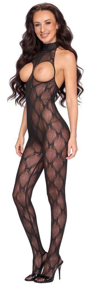 Fantasy by Cottelli Damen Catsuit Ouvert Netz Bodystocking mit Fuß Cut-outs busenfrei Neckholder Rautenspitze offene Schritt Reizwäsche Schwarz