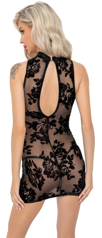 Ärmelos Transparentes Mini Kleid in feiner Transparenz, Samtflockprint, hoher Kragen, ovaler Rückenausschnitt