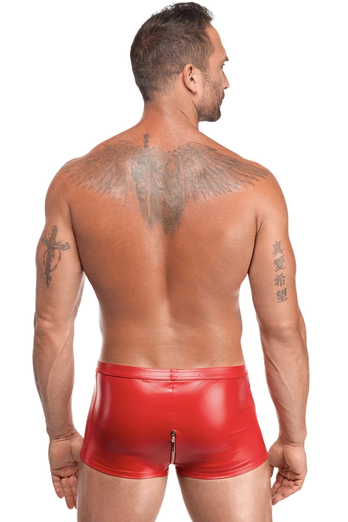Rote Kinky Shorts Ignite H097 Herren Powerwetlook kurz mit silbernem 2-Wege-Reißverschluss und elastischem Bund von Noir Handmade Men