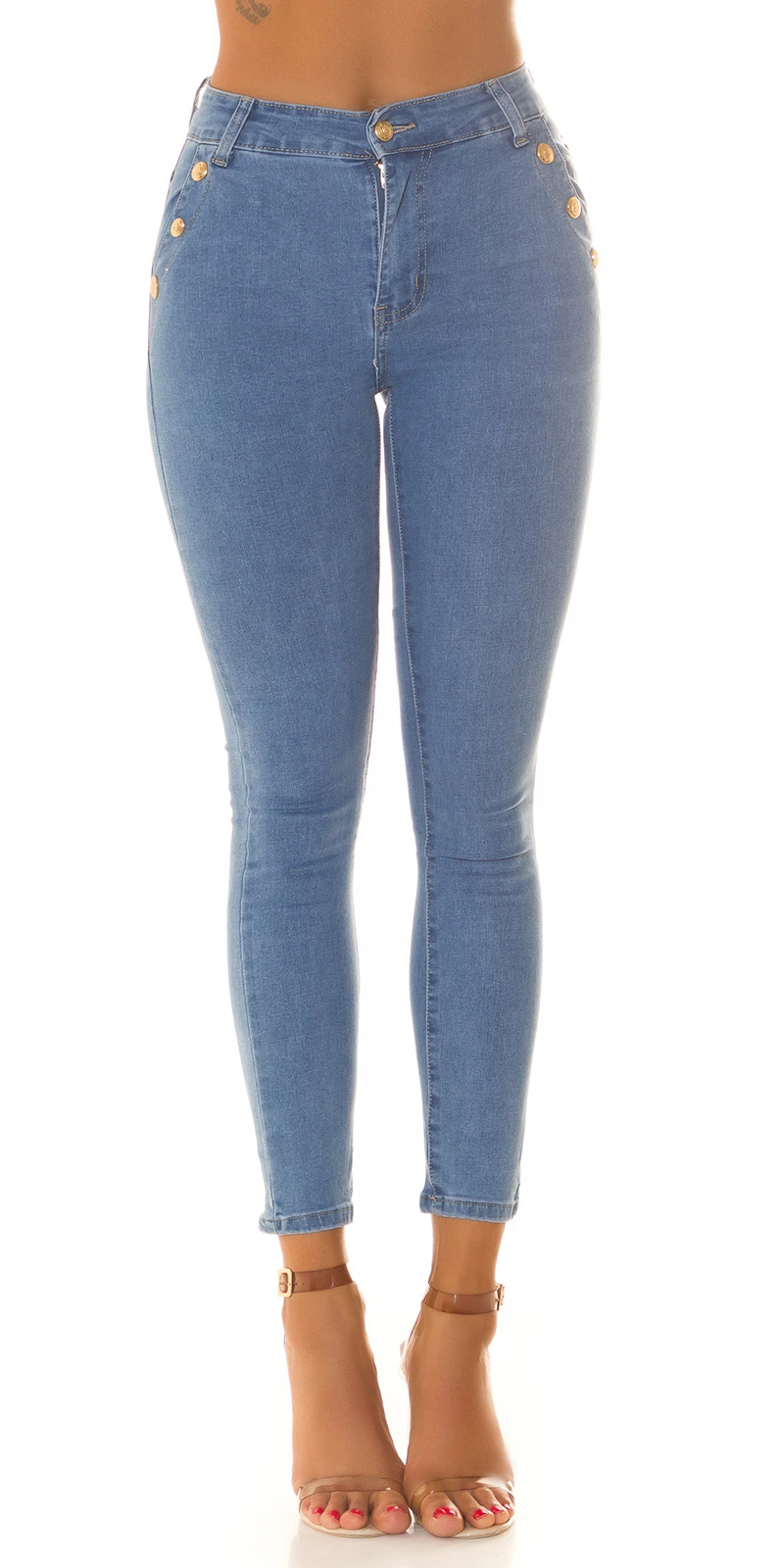 Highwaist Skinny Jeans Stretch Hose Röhrenjeans mit goldenen Deko Knöpfe Highwaist Skinny Jeans Stretch Hose Röhrenjeans mit goldenen Deko Knöpfe