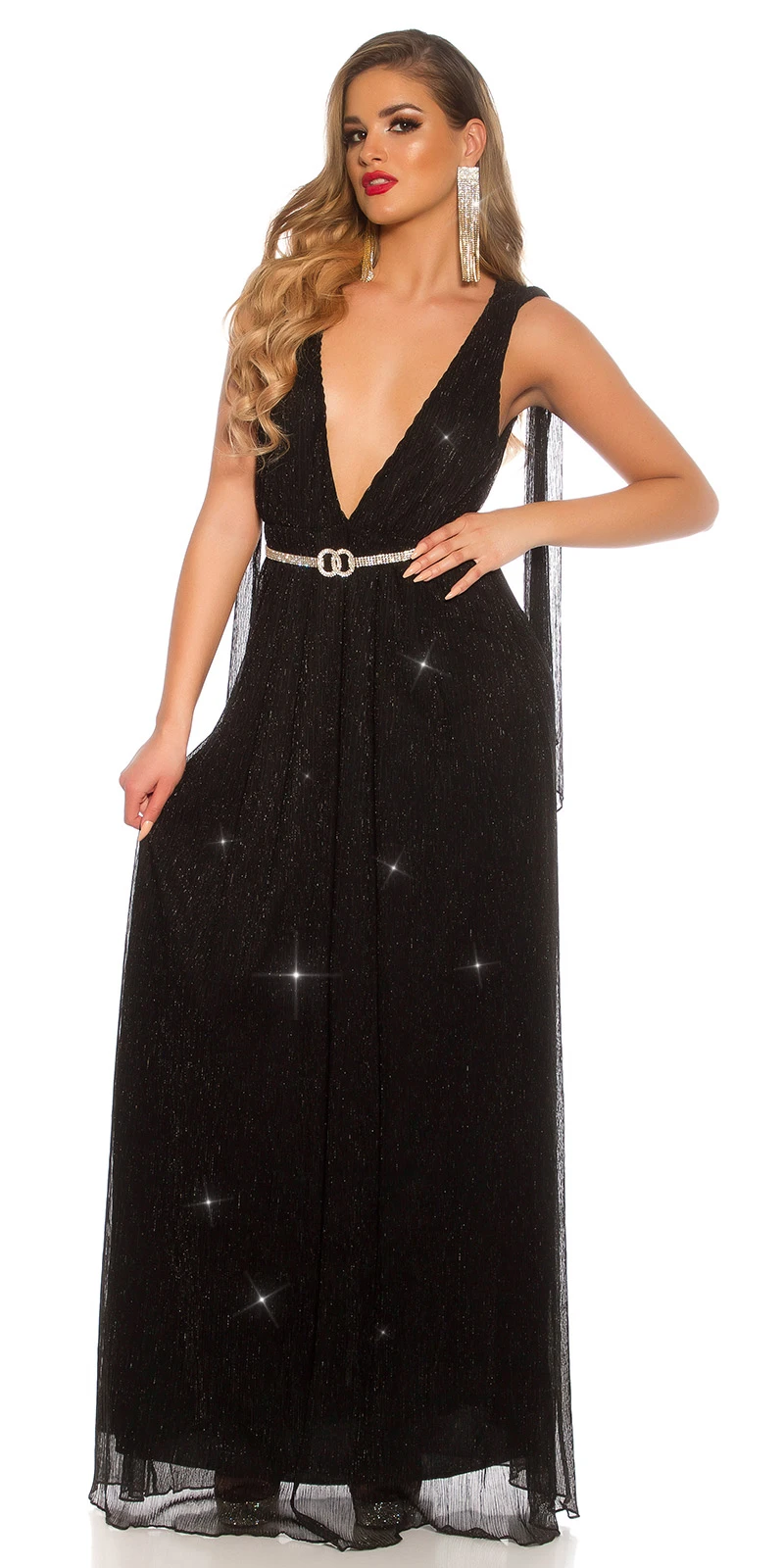 Doppel V-Neck Glitter Silvester Maxi Cocktail Kleid mit Deko Schleppen Doppel V-Neck Glitter Silvester Maxi Cocktail Kleid mit Deko Schleppen