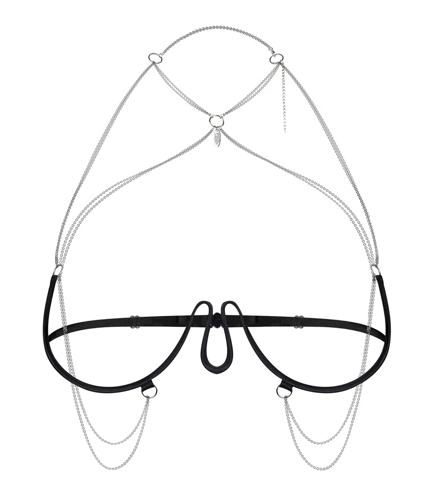 Bügel-BH Harness im Ouvert-Design von Obsessive mit verstellbarem Kettchen-Neckholder, Schmuck im Dekolleté und schwingenden Kettchen