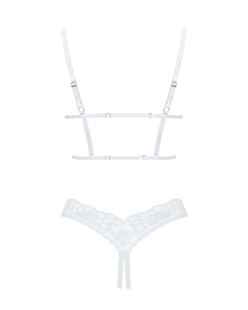 Obsessive Hebe-BH und String als weißes Ouvert-Set Heavenlly  aus weicher elastischer Blütenspitze mit verführerisch offenem Schritt.