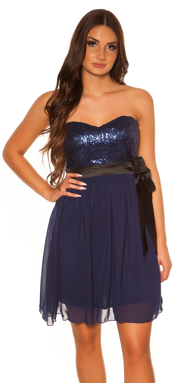 Bandeau Glitzer Pailletten Minikleid mit Deko Gürtel und Chiffon-Rock Bandeau Glitzer Pailletten Minikleid mit Deko Gürtel und Chiffon-Rock
