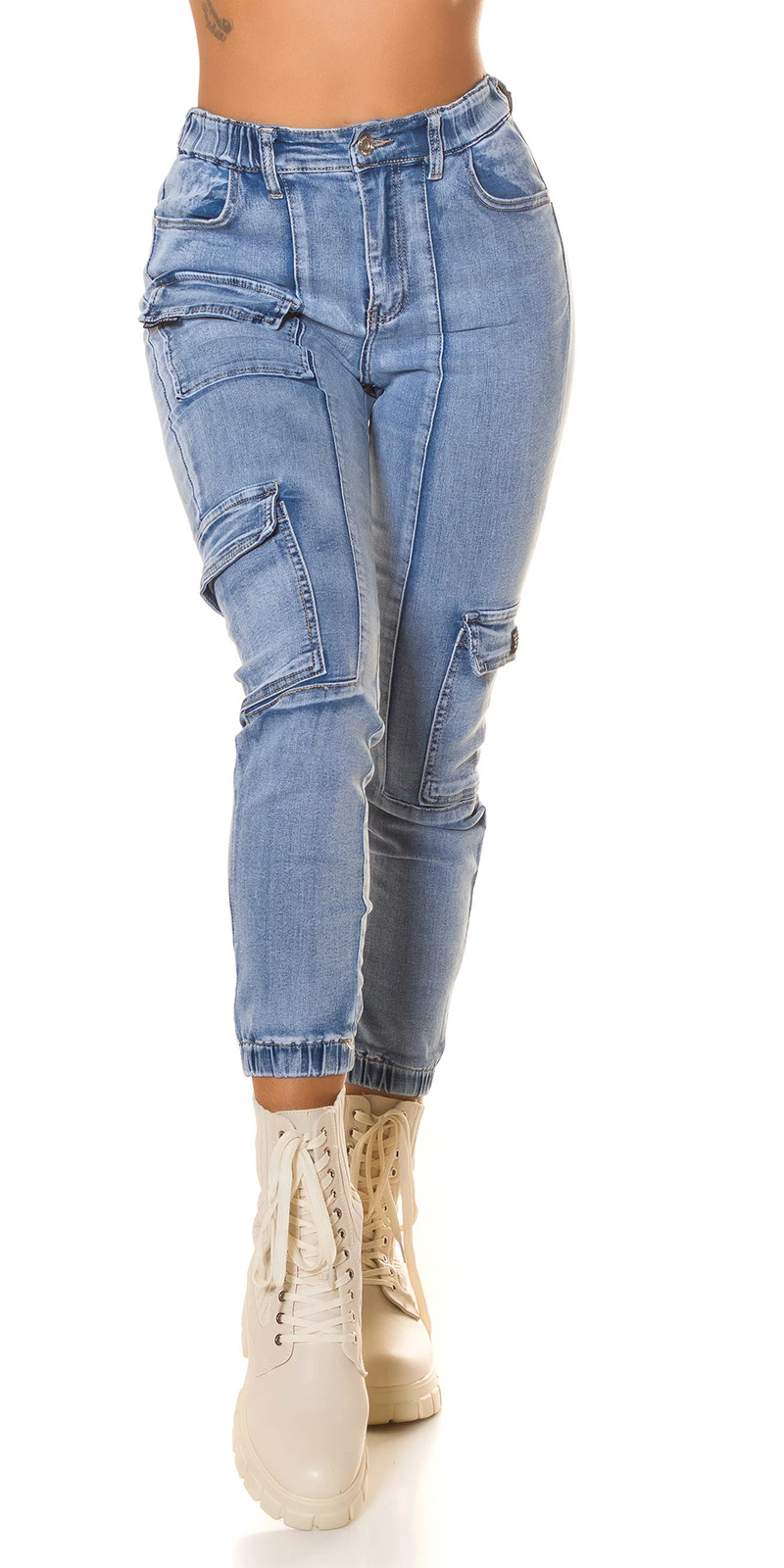 Acid Washed Cargo Röhren Jeans im High Waist-Style Acid Washed Cargo Röhren Jeans im High Waist-Style