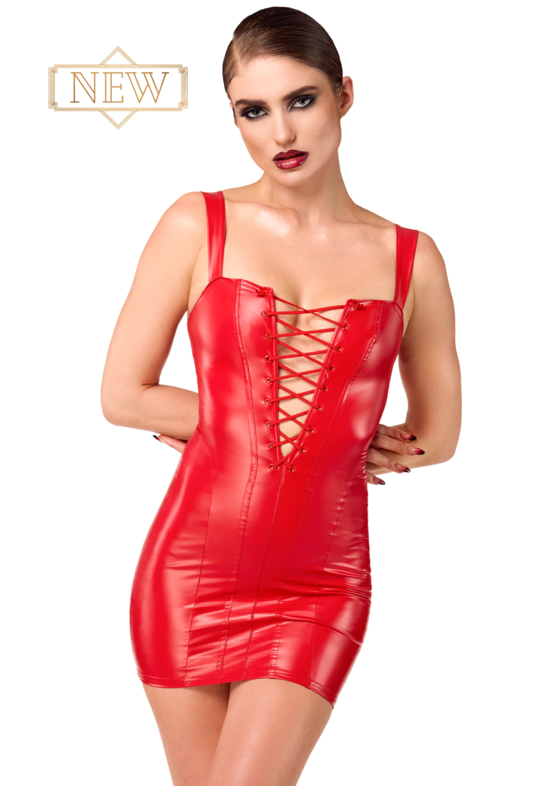 Wetlook Kinky Minikleid mit Schnürung aus glattem, dehnbarem Material – tiefer Ausschnitt, breiten Trägern und Reißverschluss hinten von Noir Handmade F364 Wetlook Kinky Minikleid mit Schnürung aus glattem, dehnbarem Material – tiefer Ausschnitt, breiten Trägern und Reißverschluss hinten von Noir Handmade F364