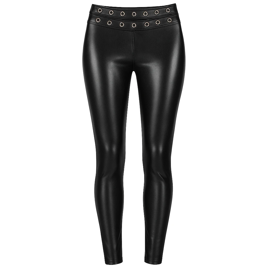 Wetlook-Leggings mit auffälligem Bund und Zierösen, seitlichen Reißverschlüssen an den Beinenden und hochwertiger Saresia Qualität Wetlook-Leggings mit auffälligem Bund und Zierösen, seitlichen Reißverschlüssen an den Beinenden und hochwertiger Saresia Qualität