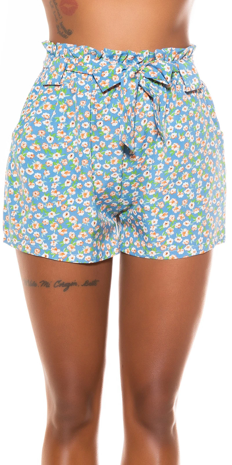 Flower Printed High Waist Paperbag Shorts mit Gürtel Flower Printed High Waist Paperbag Shorts mit Gürtel
