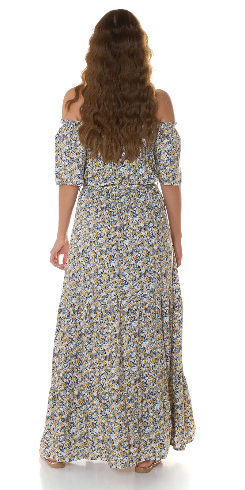 Off Shoulder Flower Printed Maxi Kurzarm Kleid mit Gürtel Off Shoulder Flower Printed Maxi Kurzarm Kleid mit Gürtel
