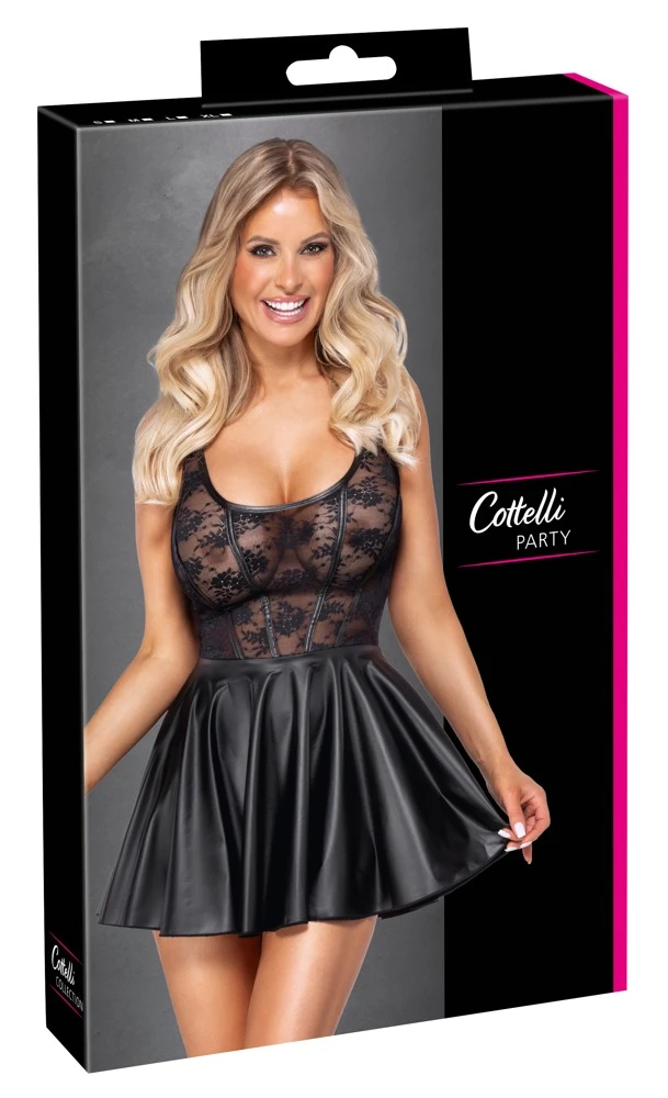 Schwarzes Träger Kinky-Minikleid von Cottelli COSTUMES aus Spitze mit Mattlook-Details und ausgestelltem Rock im edlen Material-Mix