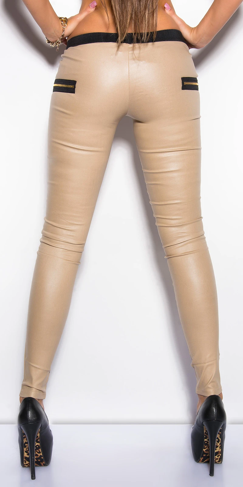 Leder Look Hüft Treggings mit Deko Zipper Taschen