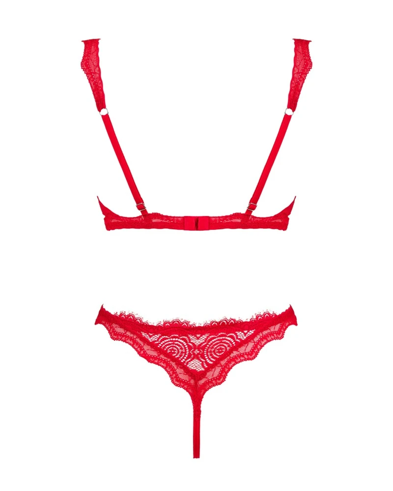 Obsessive Rotes Ouvert-Set Bergamore mit Bügel-BH und String aus weicher elastischer Blüten Spitze mit verführerisch offenen Schritt.