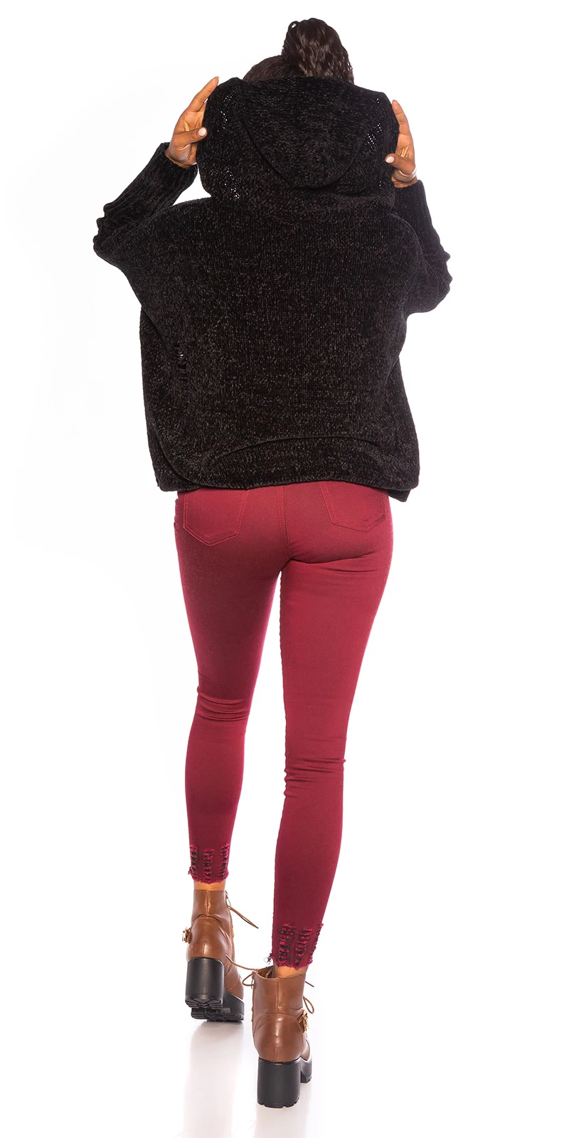 Used Look Crop Grobstrick Vokuhila Pullover mit Kapuze Used Look Crop Grobstrick Vokuhila Pullover mit Kapuze