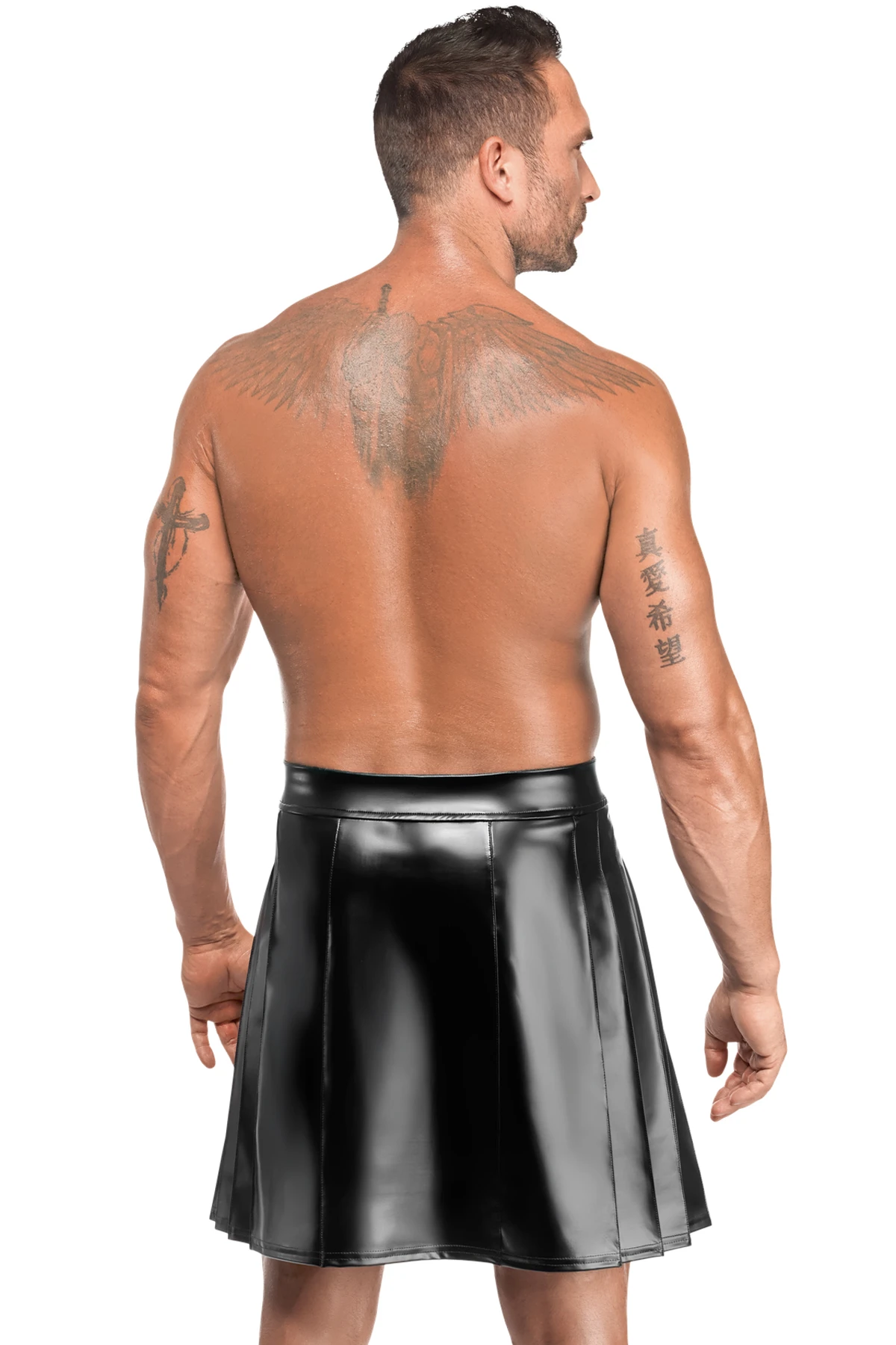 Schwarzer Herren Rock Valor H090 Powerwetlook mit Druckknöpfen vorne, zwei Gehschlitzen, dehnbar, knielang, markanter Kinky Style mit weichem Innenfutter von Noir Handmade Men