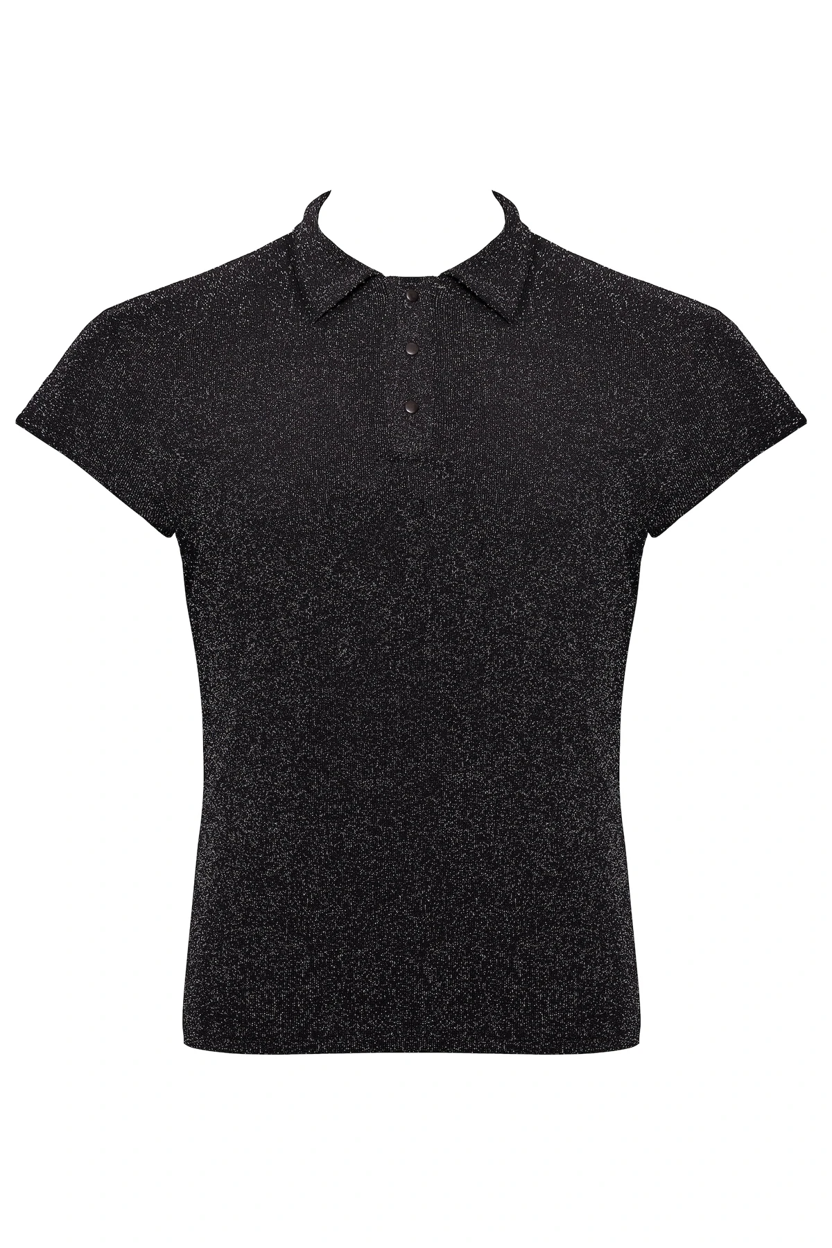 Feinnetz Polo-Shirt H082 aus transparentem, dehnbarem Netzmaterial mit silbernem Schimmer, markantem Stehkragen und Dreiknopfdetail für einen modernen, körperbetonten Look Noir Handmade Men
