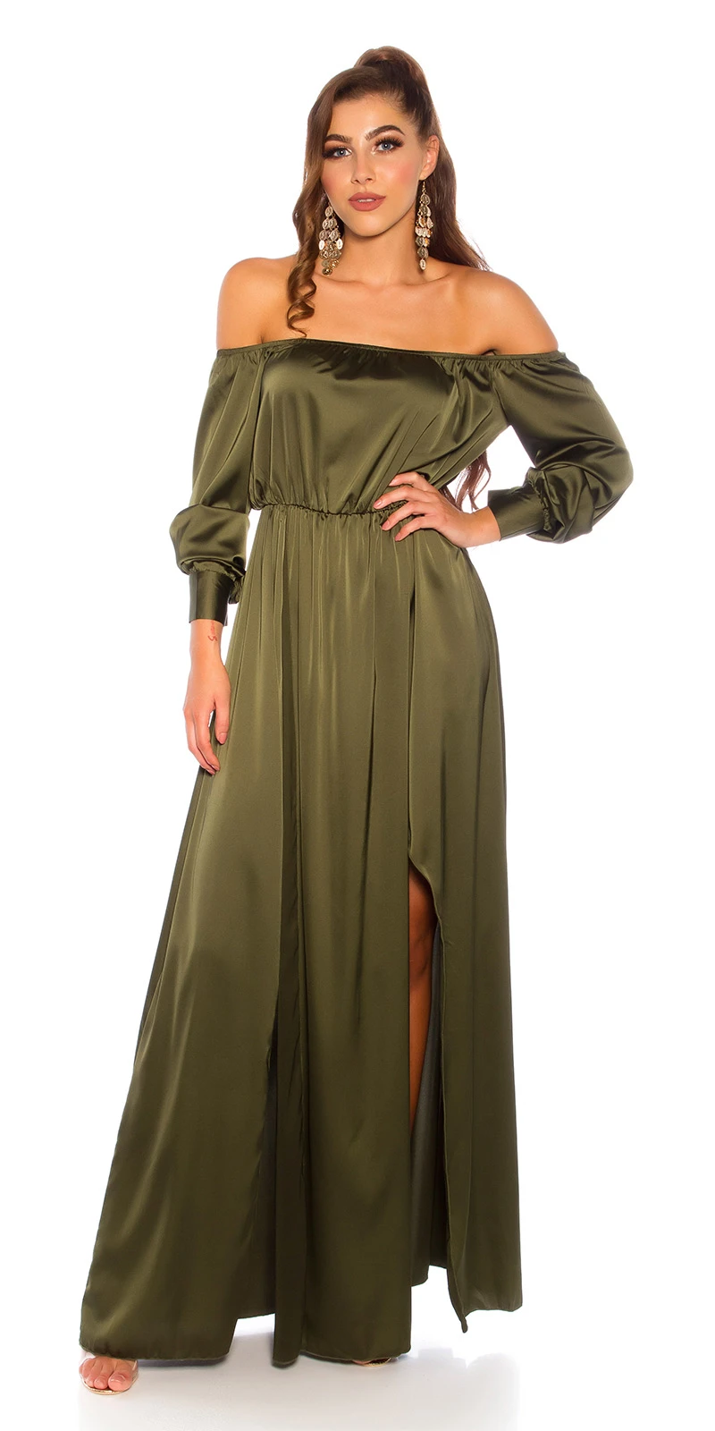 Satin Off Shoulder Maxi Kleid mit High Low-Effekt Satin Off Shoulder Maxi Kleid mit High Low-Effekt