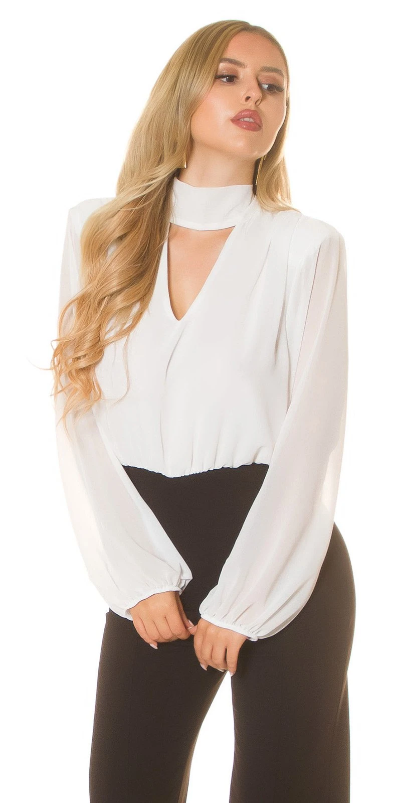 Business Look Long Overall Halbtransparent Maxi Jumpsuit Turtle Neck Cutout Bootcut Ballon-Ärmel Business Look Long Overall Halbtransparent Maxi Jumpsuit Turtle Neck Cutout Bootcut Ballon-Ärmel