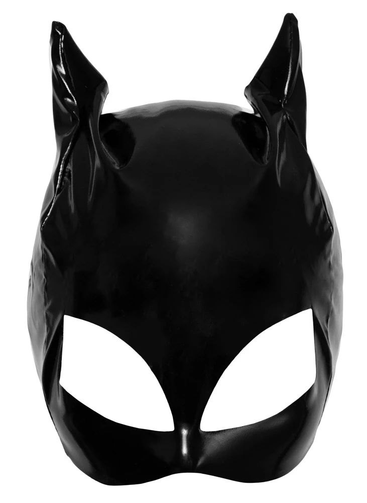  Das Highlight auf jeder Fetish-Party! Halbe Kopfmaske von Black Level im schwarzen Lackglanz und im Cat-Look mit kleinen Ohren und großen Katzenaugen-Öffnungen.
