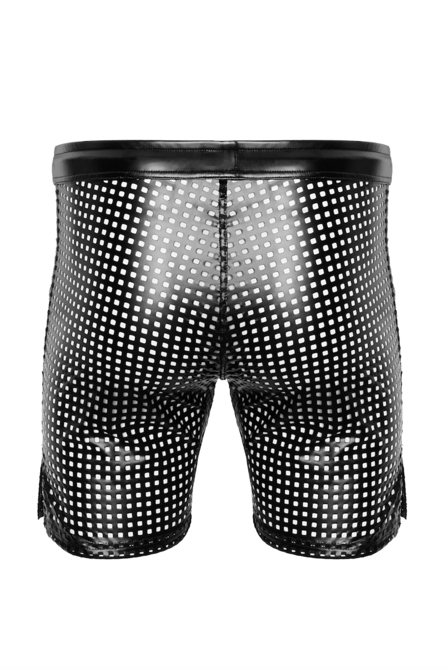 Erotische Shorts aus hochwertigem Power Wetlook-Gewebe mit perforiertem Muster, Reißverschluss und elastischem Bund, schwarze Noir Shorts H077