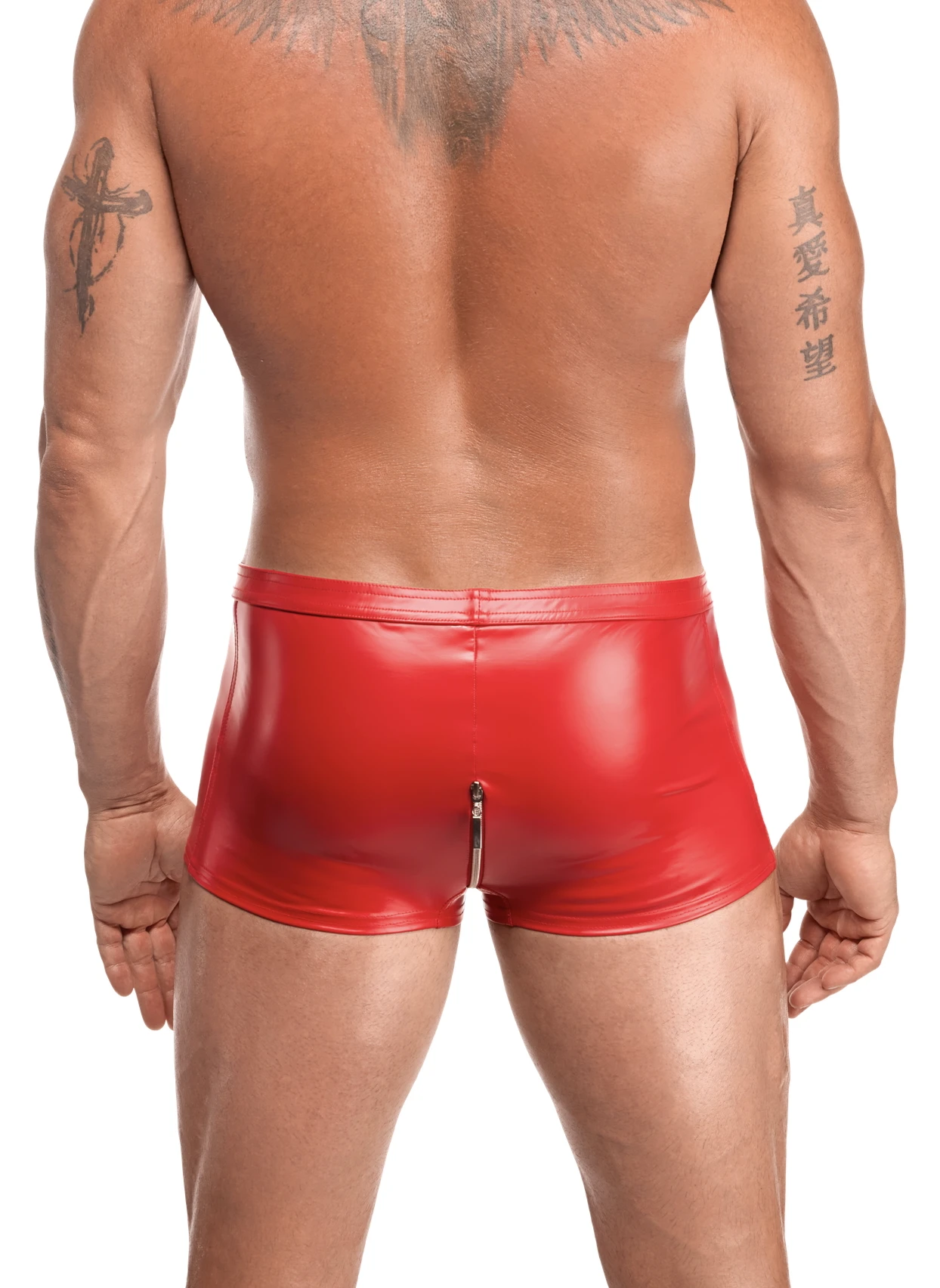 Rote Kinky Shorts Ignite H097 Herren Powerwetlook kurz mit silbernem 2-Wege-Reißverschluss und elastischem Bund von Noir Handmade Men