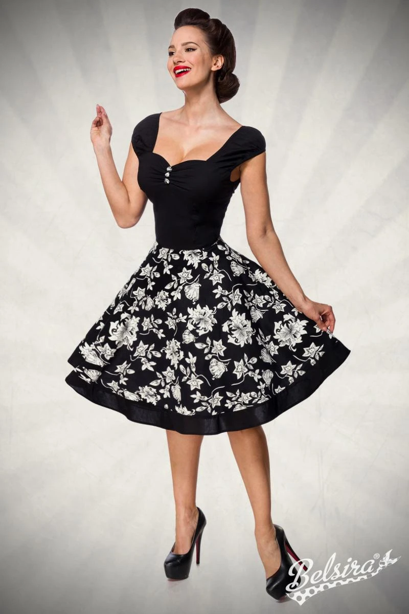 Retro Blumenkleid mit kurzen Puffärmeln