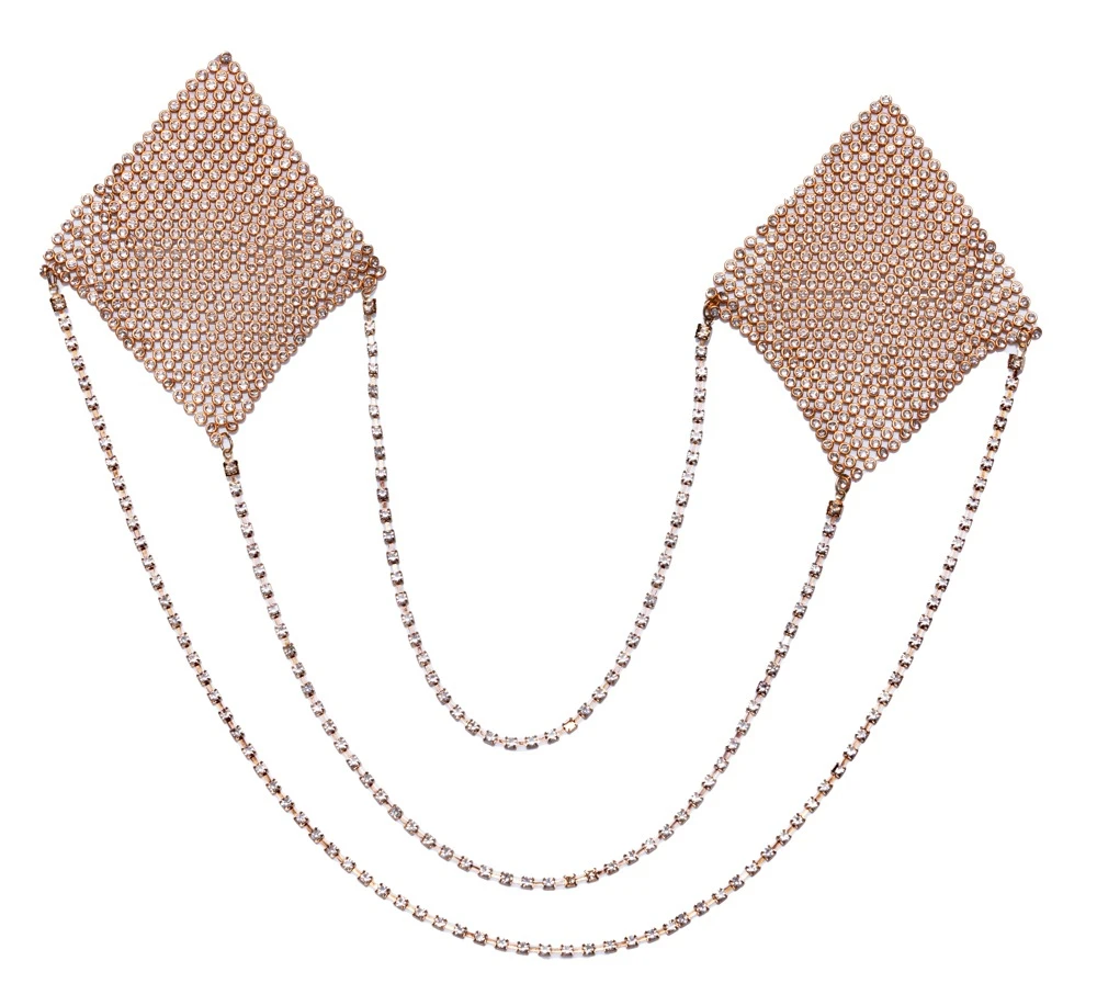 Cottelli Nipple Sticker Square goldfarben mit schillernden Rauten und drei feinen Verbindungskettchen als glanzvoller Blickfang mehrfach verwendbar