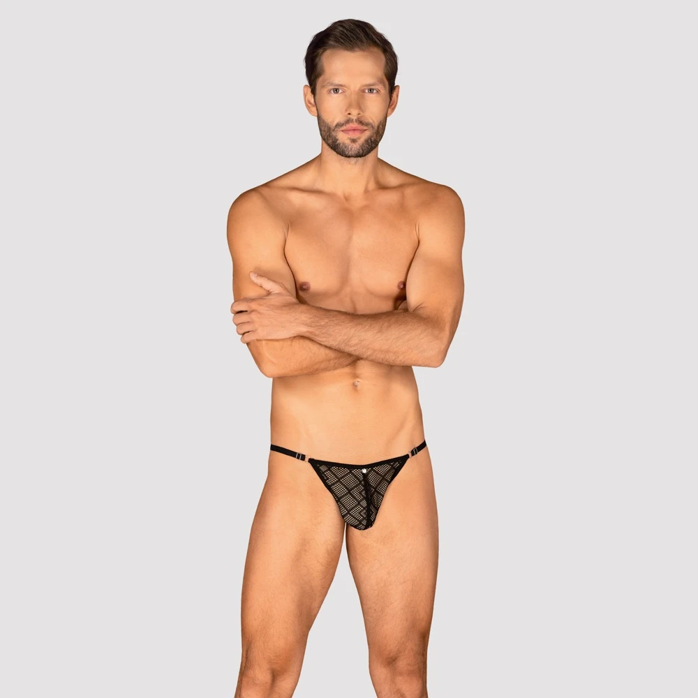 Obsessive schwarzer String Severio in extravagant gemusterter Semi-Transparenz.  Bequemer Gummibund mit kleinem Metall-Element vorne und passend verstellbar.