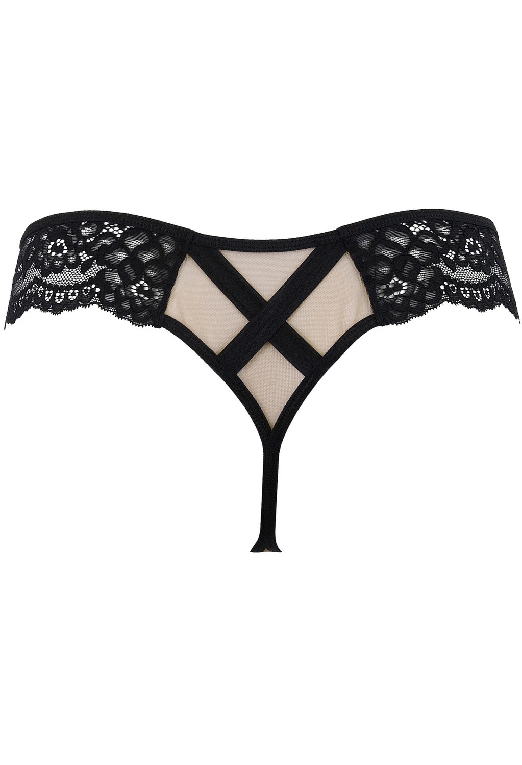 Axami sinnlicher String mit Kreuzmotiv schwarze Spitze auf hautfarbenen Tüll