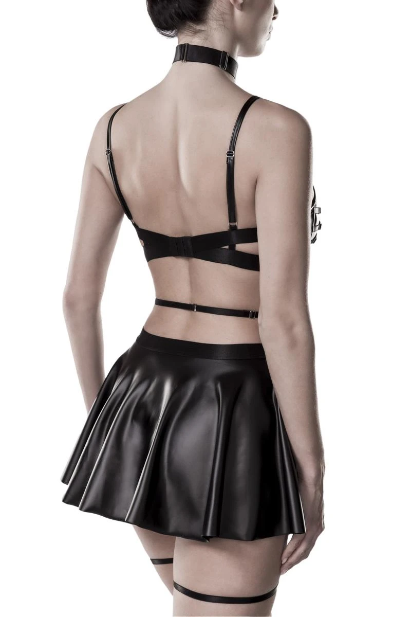Kinky 4-teiliges Wetlook-Dessous-Set von Grey Velvet mit Halsband, Bügel-BH, Rock mit Strumpfhaltern und heißen Details