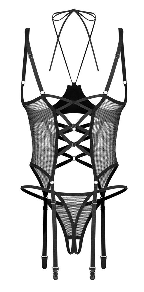 Busenfreies Strapshemd aus Wetlook und Netz mit verstellbaren Strapsen, dekorativer Zierschnürung, bindbarem Neckholder und passendem Ouvert-String Dominna von Obsessive