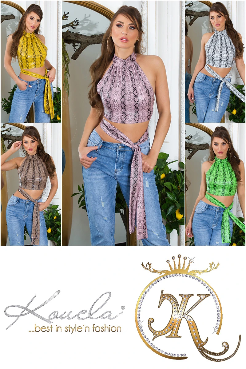 Snake Printed Turtle Neck Crop Top im Leder Look zum Binden Snake Printed Turtle Neck Crop Top im Leder Look zum Binden
