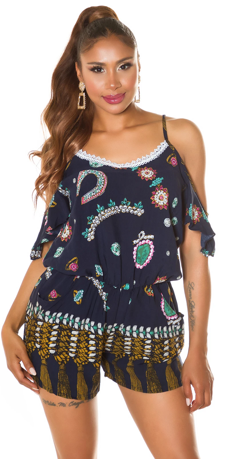 Cold Shoulder Summer Hotpants Träger Jumpsuit mit Print Cold Shoulder Summer Hotpants Träger Jumpsuit mit Print