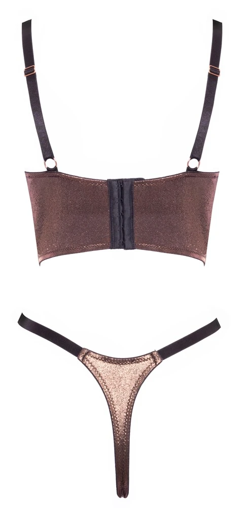 Abierta Fina Ouvert-Set mit Hebe-BH & Riostring in schimmerndem Bronzegold mit roségoldfarbenen Schmuck-Details, gefütterten Bügel-Cups und eingearbeiteten Formstäben