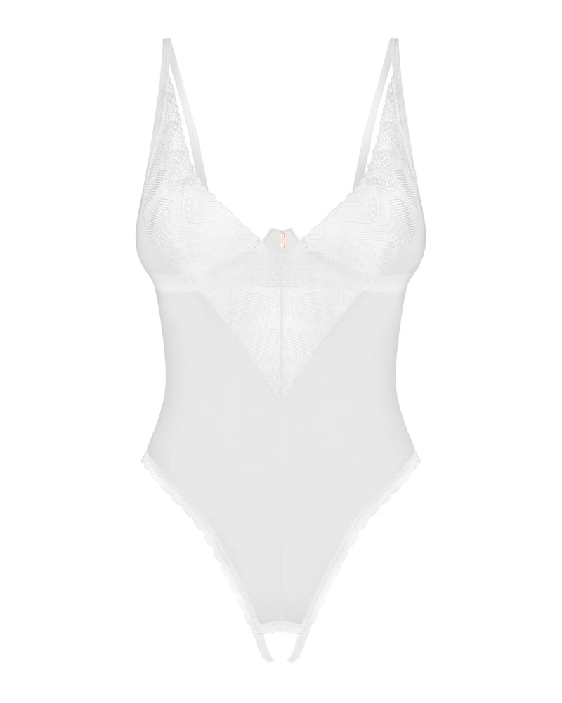 Obsessive Body ouvert Alissium in charmanter Farbe. Rundum weich und elastisch mit filigranen Spitzen-Optiken und  dezentem Schmuckdetail.