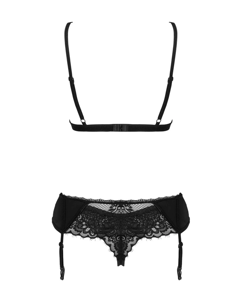 Obsessive Soft-BH, Strapsgurt und String im 3-teiligen Verführ-Set Maderris. Zarter schwarzer Material-Mix mit Blüten- und Wimpernspitze