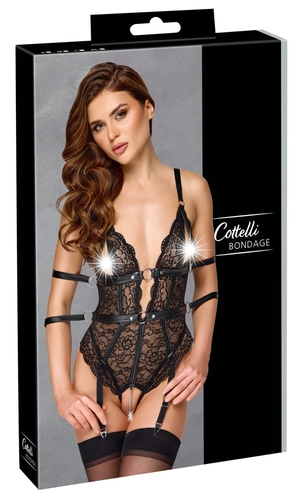 Cottelli BONDAGE Body Bondage, Spitze mit Mattlook, Stimulierende Kette, Ouvert Body Cups geschlitzt