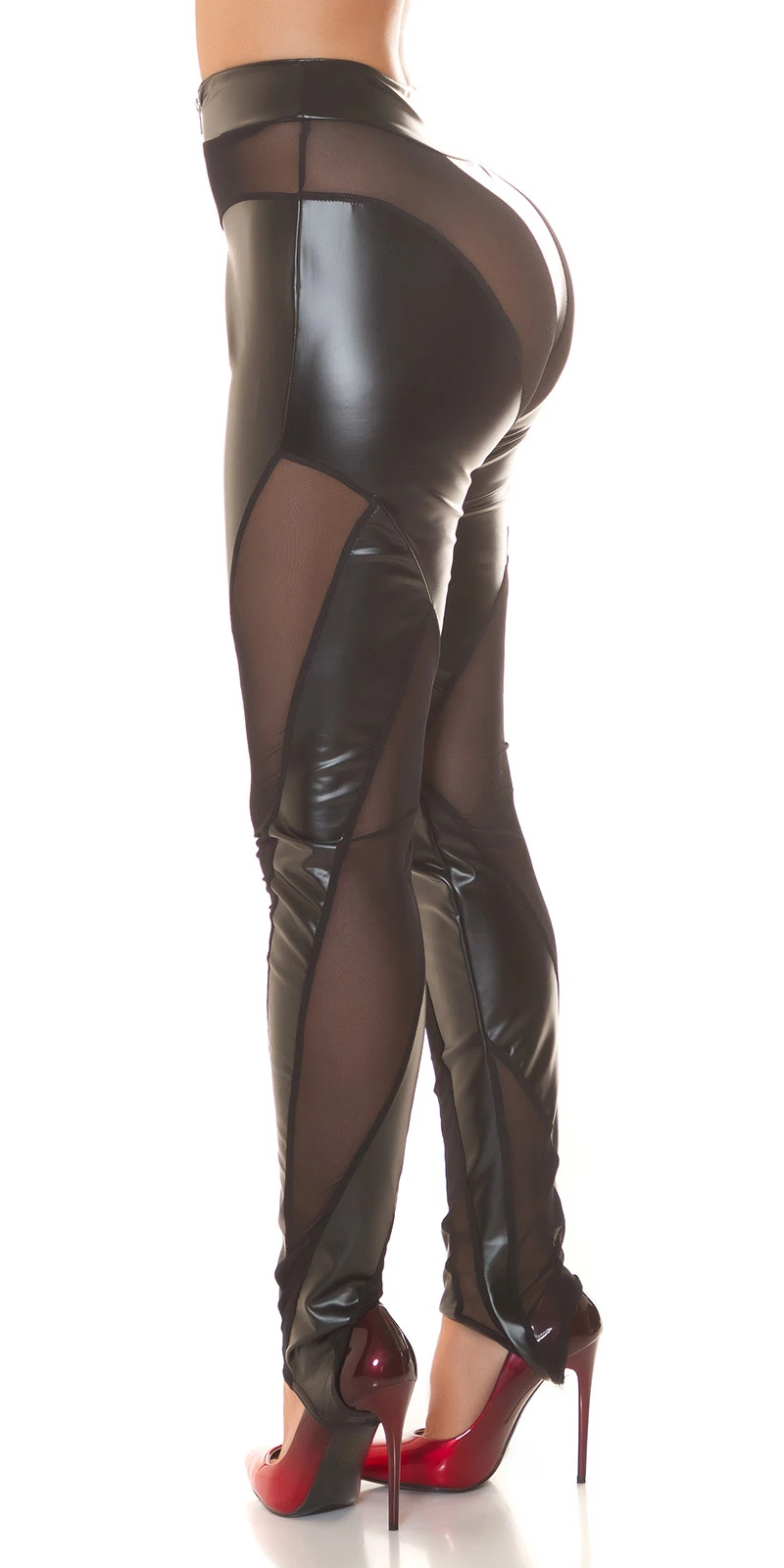 Lederlook Gogo Skinny Hose Lang Wetlook Leggings Highwaist Partyhose mit transparenten Mesh Einsätzen und Zipper Reißverschluss Lederlook Gogo Skinny Hose Lang Wetlook Leggings Highwaist Partyhose mit transparenten Mesh Einsätzen und Zipper Reißverschluss