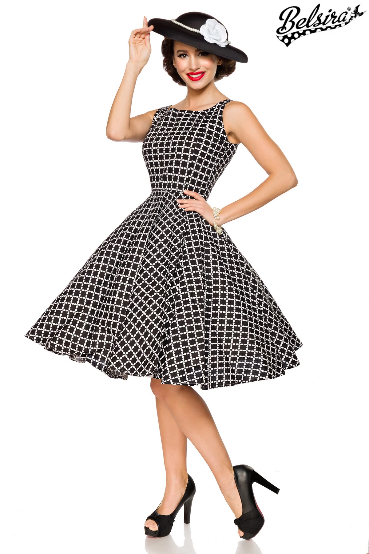 Belsira Vintage Kleid schwarz weiß Tellerrock ärmellos Baumwolle Retro Look tailliert mit Reißverschluss