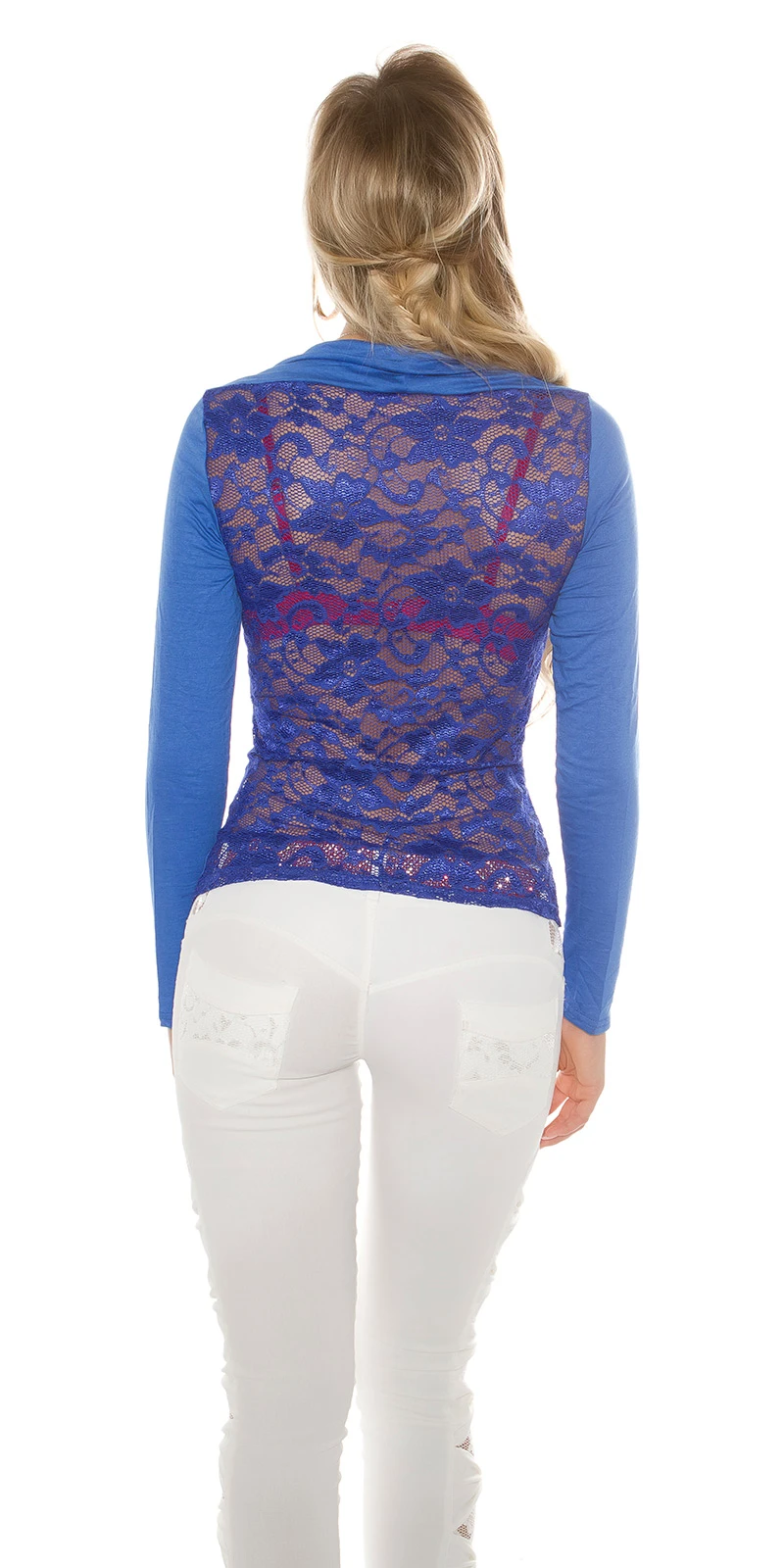 Spitzen Rücken Langarm Shirt mit Deko Schleife und Bolero Effekt Spitzen Rücken Langarm Shirt mit Deko Schleife und Bolero Effekt