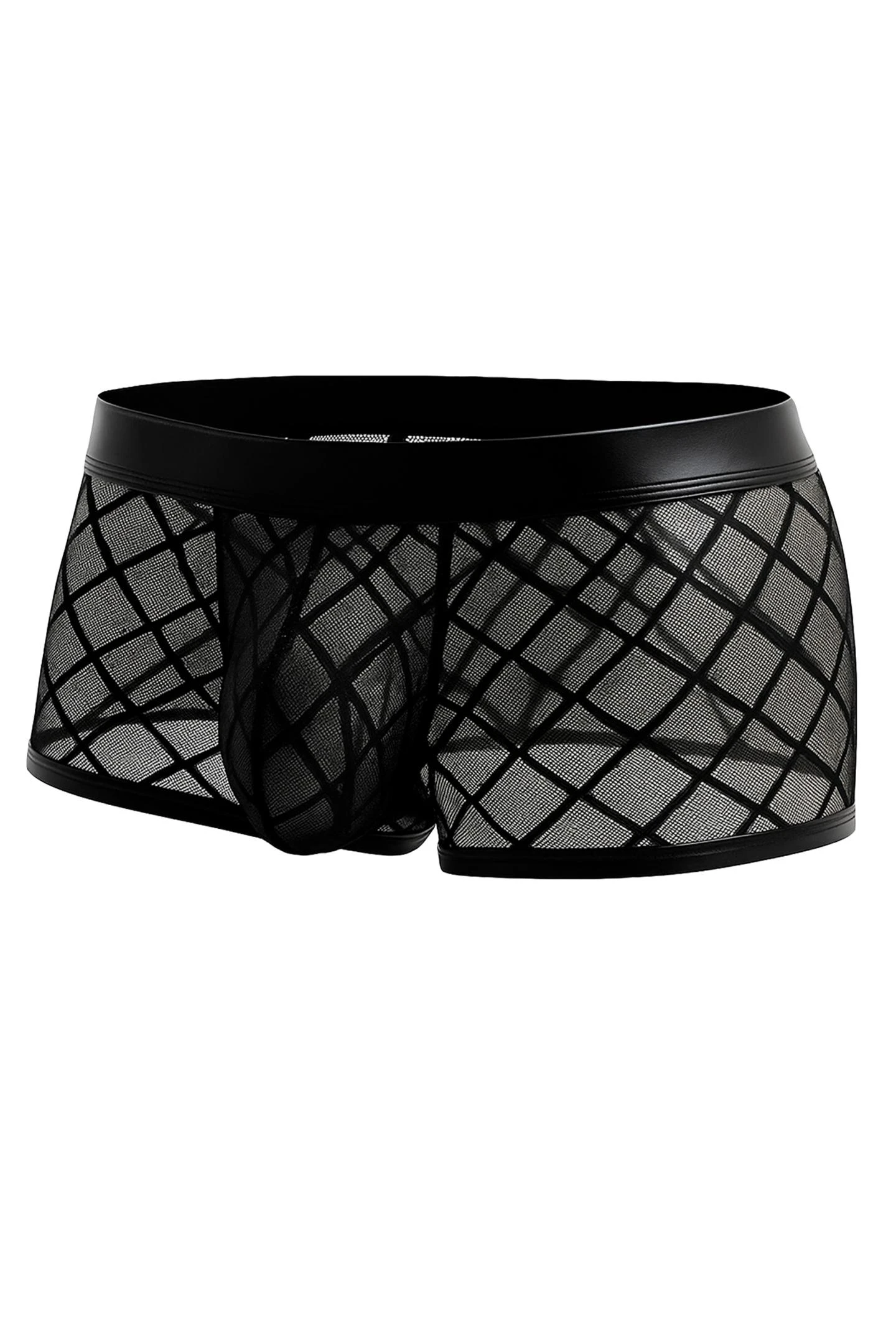 Schwarzer Trunk Shorts RAV110 aus dehnbarem Netz mit maskulinem Suspensorium, glattem Bund und dezentem Logo für einen markant-sexy CUT4MEN Look