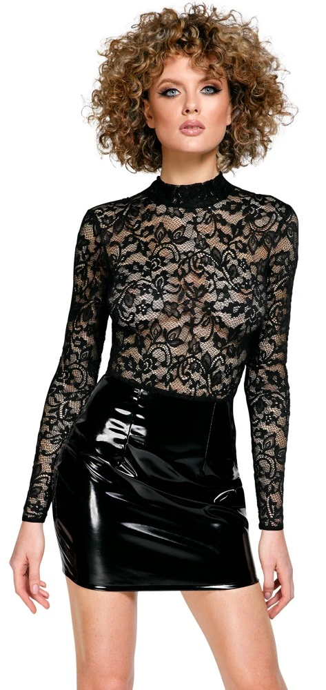 Langarm-Minikleid Rückenfrei von Black Level: Elegante Spitze trifft glänzenden Lackfür verführerischen Tragekomfort und Stil