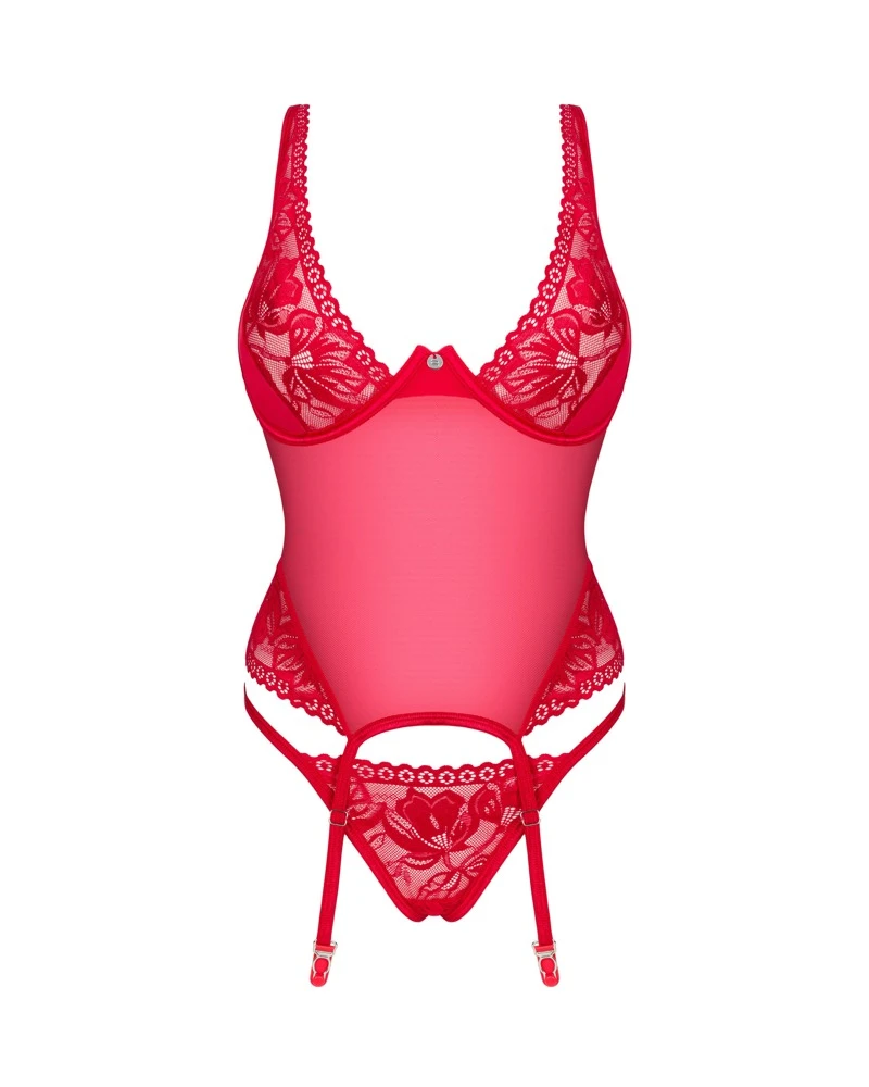 Obsessive Lacelove Korsett und der Tanga.  Dieses sinnliche Set in intensivem Rot wird Ihre Figur perfekt betonen. Mit Spitzeneinsätzen und floraler Spitze.