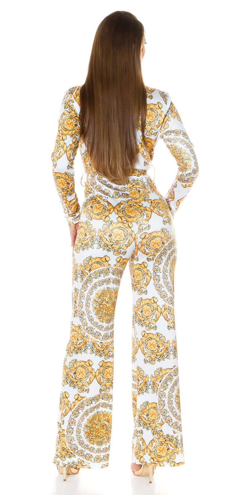 Printed Maxi Jumpsuit im Business-Look mit Wickel V-Neck und Gürtel