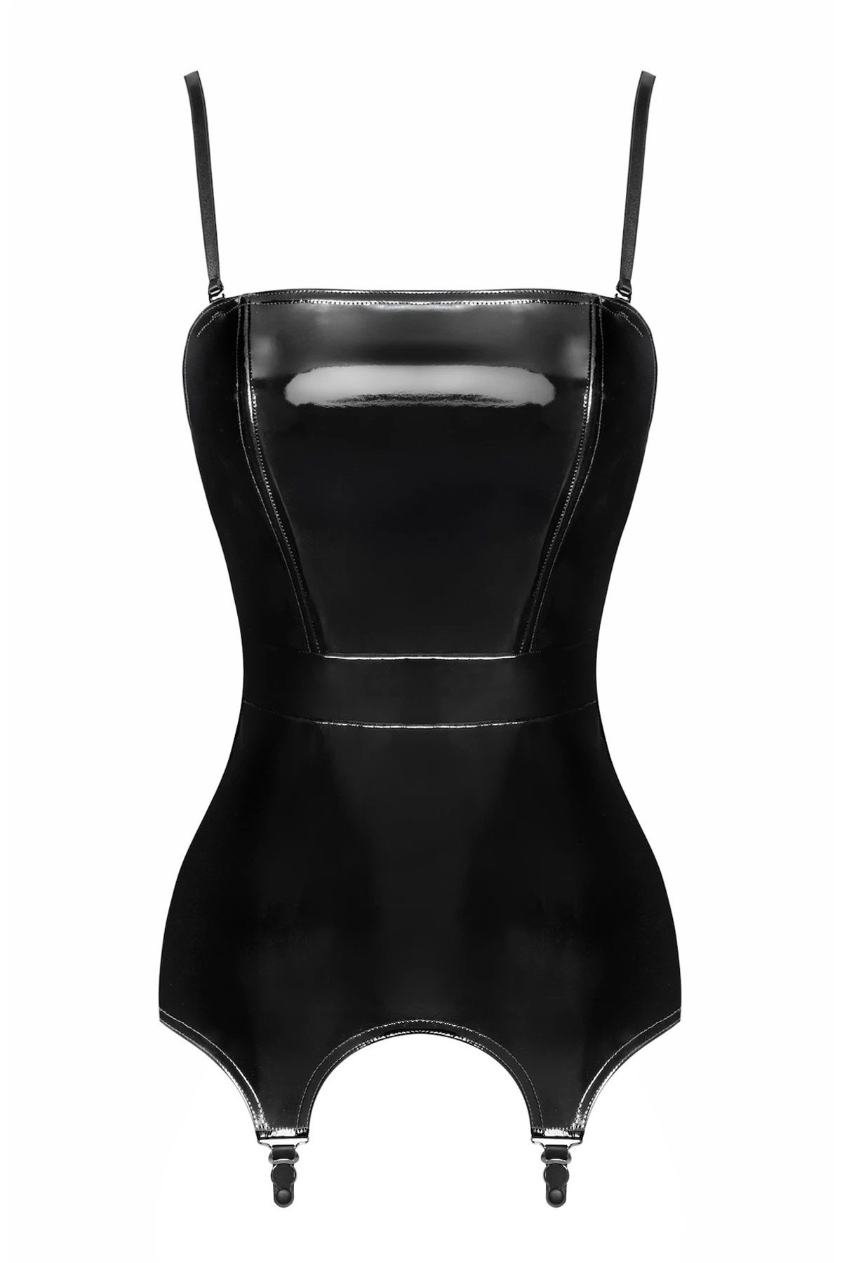 F381 Dominae Kinky Venom Corsagen-Kleid schwarz aus glänzendem Lack-Material mit figurbetonender Korsett-Silhouette, betont Taille und Kurven, mit stabilem Rückenzipper und sexy Strumpfhalter-Clips für einen unwiderstehlich dominanten Look F381 Dominae Kinky Venom Corsagen-Kleid schwarz aus glänzendem Lack-Material mit figurbetonender Korsett-Silhouette, betont Taille und Kurven, mit stabilem Rückenzipper und sexy Strumpfhalter-Clips für einen unwiderstehlich dominanten Look
